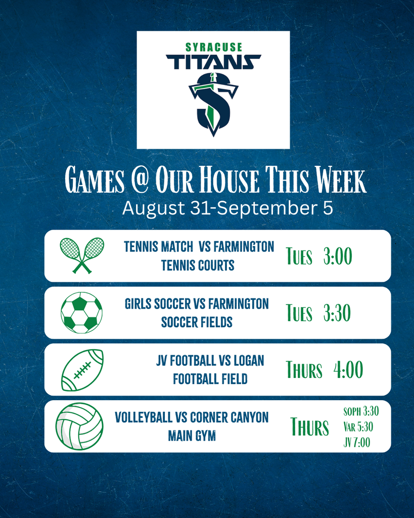 graphic with home game information. Tennis and girls soccer on Tuesday and JV football and volleyball on Thursday. 