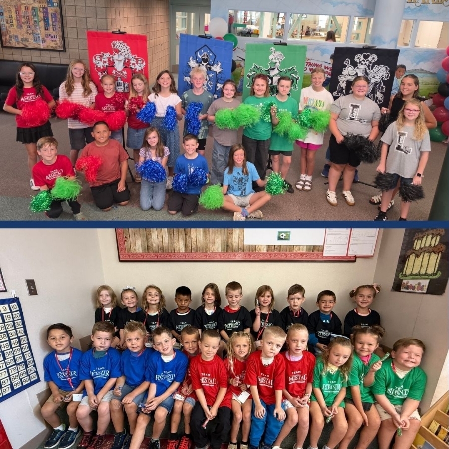 Students pose for a pucture wearing their new house shirts.