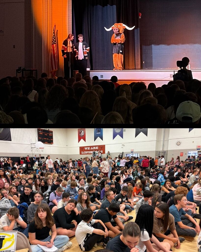 The school mascot and students fill the gym for the back to school assembly 