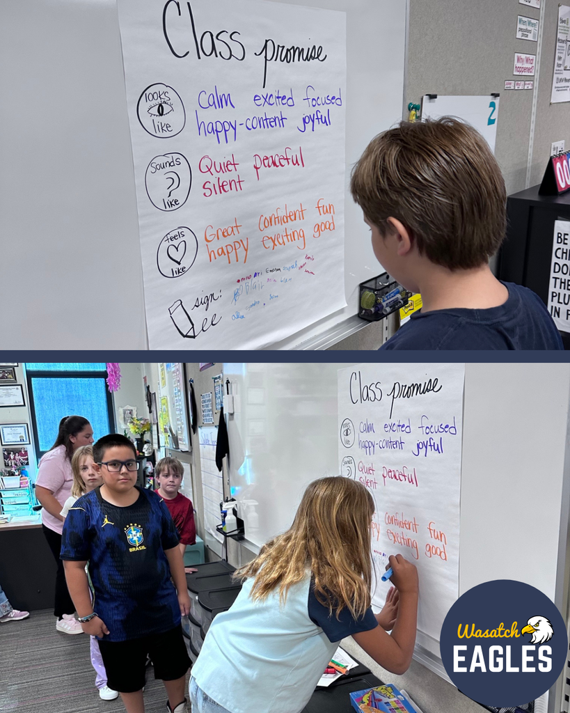 Two photos show students in a classroom signing a large poster titled "Class Promise." The poster includes student-generated ideas about how the classroom should look, sound, and feel, with words such as calm, focused, joyful, peaceful, confident, and fun. Students take turns adding their signatures to the promise while classmates wait nearby. The activity helps establish shared expectations and a positive classroom community at Wasatch Elementary.