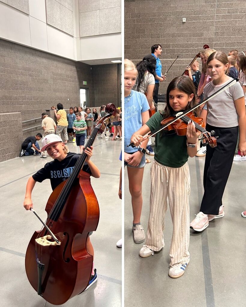 A two-photo collage of students trying string instruments during a music activity. One student smiles while playing a large double bass, while another student plays a violin as classmates watch and wait for their turns.
