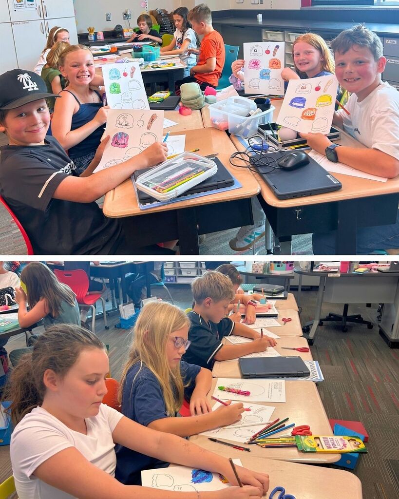 A collage of elementary students working together in the classroom. Students smile while showing off colorful worksheets and drawings, while other photos show students focused on coloring and completing their work at their desks.