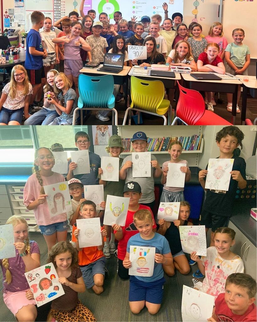 A collage of elementary students in a classroom. The top photo shows a large group of smiling students gathered around their teacher while celebrating reaching a 90% class objective. The bottom photo shows students proudly holding up colorful self-portrait drawings.
