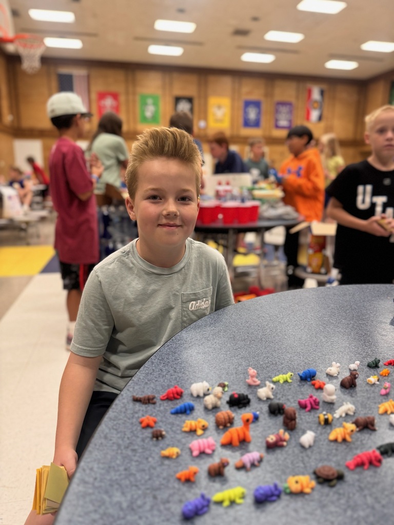 4th grader sitting at cafeteria table with small 3D printed animals sitting in front of him