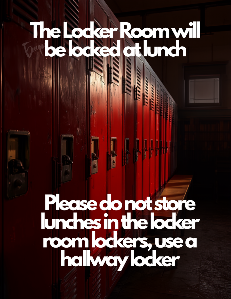 image of red lockers and a bench the locker room will be locked at lunch please do not store lunches in the locker room lockers, use a hallway locker.