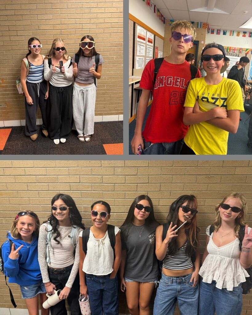 different groups of students show off their sunglasses at school 