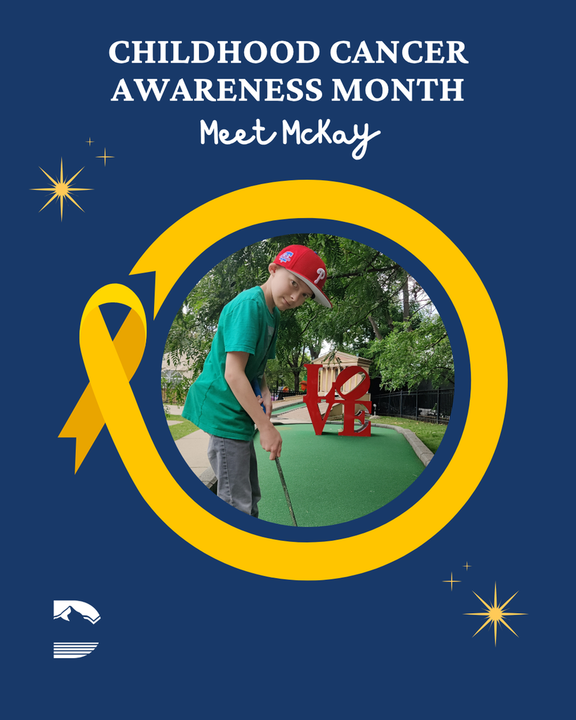 Childhood Cancer Awareness Month graphic with a yellow ribbon and a student in a circle with the DSD logo.