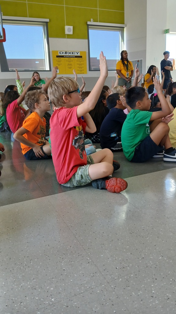 A close-up of students sitting on the floor during an assembly, with several eager students raising their hands to answer a question.