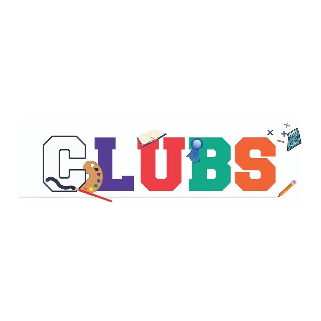 Colorful 'CLUBS' banner with icons for art, reading, and math clubs — paint palette, book, ribbon, calculator, and pencil.
