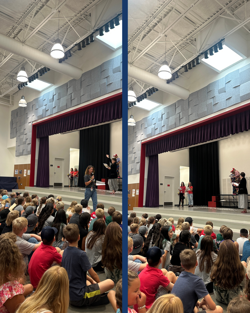 Collage of two pictures. Students sitting at an assembly with teachers acting on stage.