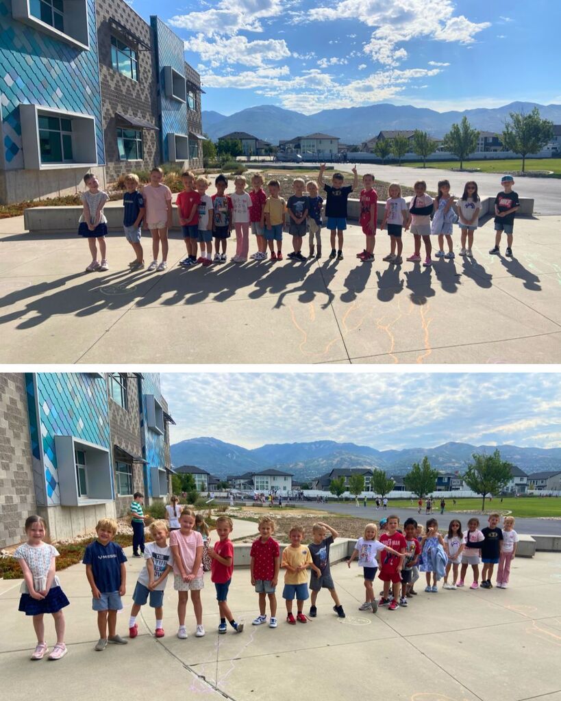 First-grade students trace and observe their shadows outside during a science investigation.