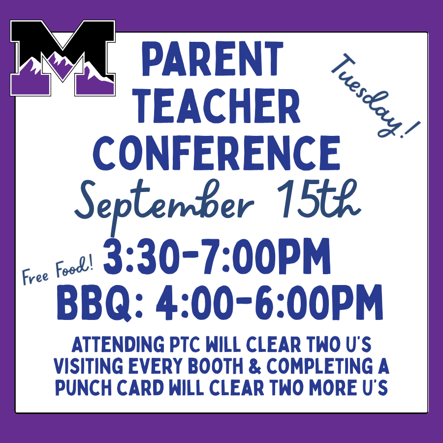 Flyer for Parent teacher conference that is this Tuesday. "parent  teacher Conference September 15th 3:30-7:00pm BBQ: 4:00-6:00pm Attending PTC will clear two U’s Visiting every booth & completing a punch card will clear two more U’s Tuesday! Free Food!"