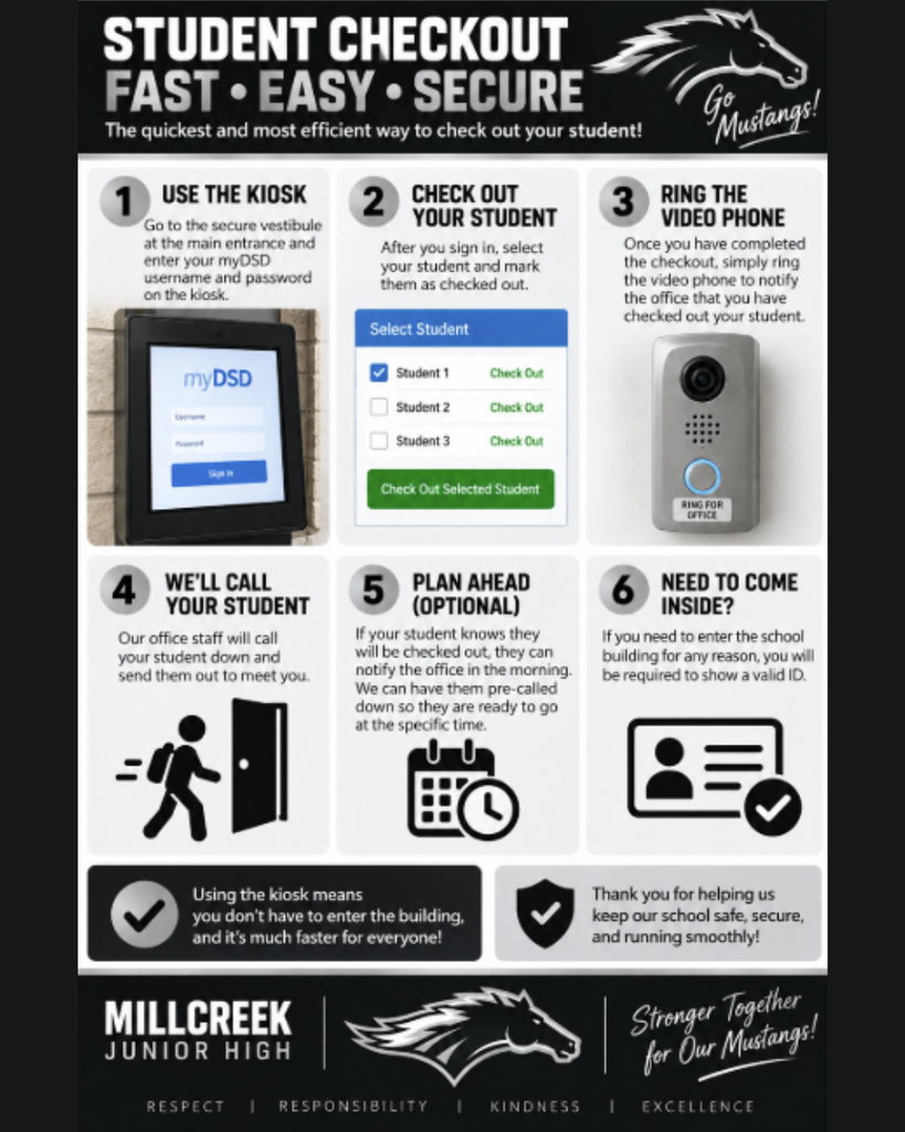 Student Checkout Information: Use the kiosk, check out your student, ring the video doorbell. You need an ID to come inside the school.