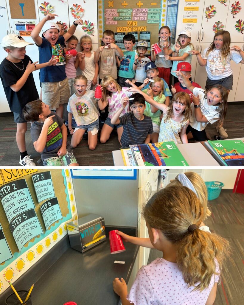Third-grade students celebrate completing their multiplication scavenger hunt and search the classroom for matching expressions.