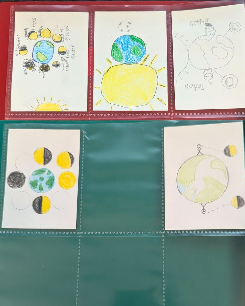 Student drawings show the moon’s phases and how the moon appears from the Northern and Southern Hemispheres.