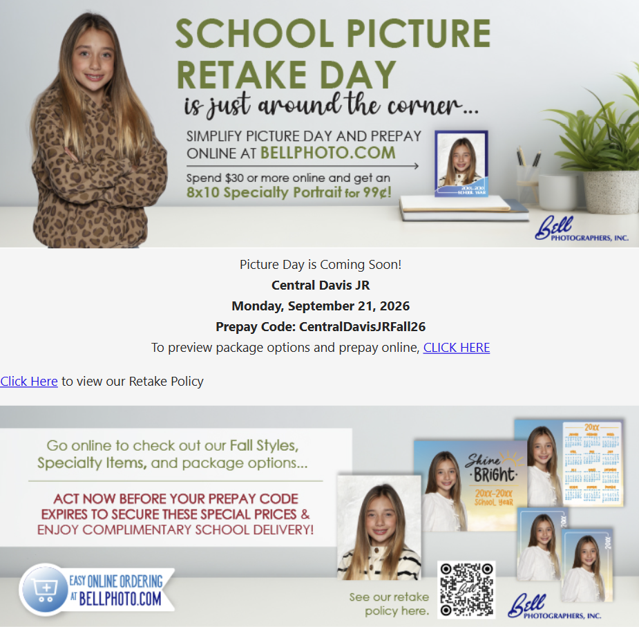 School Picture Retakes Monday September 21 2026