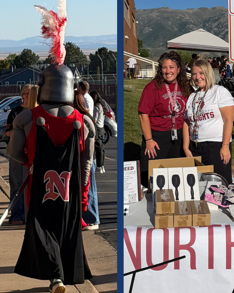 A collage of two photos. One of the Northridge High Knight and the other of two employees.
