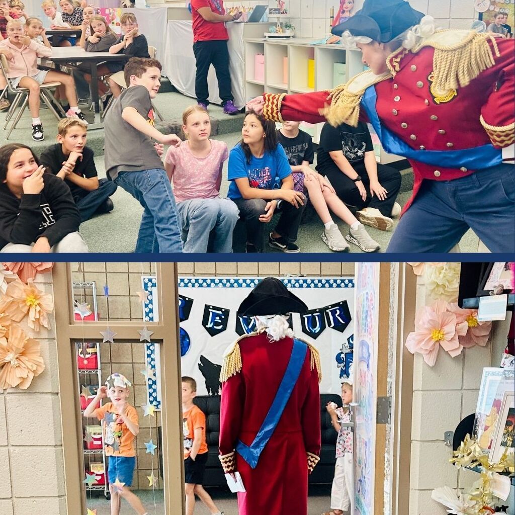 School principal interacts with students while dressed up as a Revolutionary War General. 