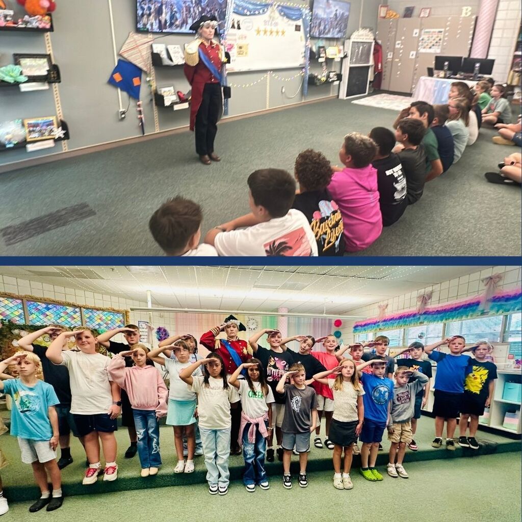 Students salute and watch the principal dressed as a Revolutionary War General. 