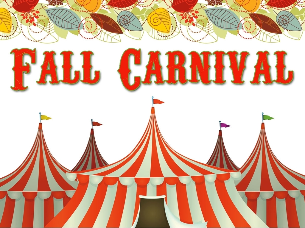 Fall Carnival Image with circus with red and white striped tents and leaves at the top of the image