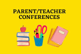 Parent/Teacher Conferences image with books and apple, pencil cup and notebooks