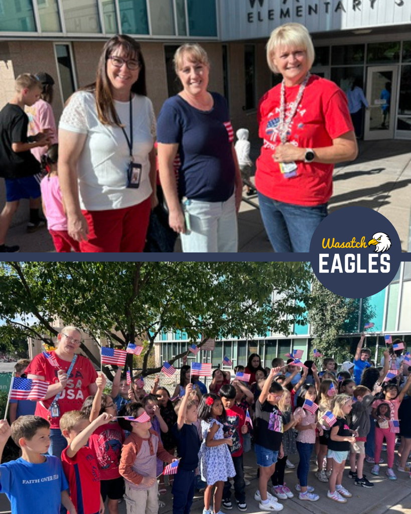 A photo collage from a Wasatch Elementary 9/11 remembrance event. In the top image, three staff members stand outside the school entrance wearing red, white, and blue clothing while students gather nearby. The school building and partial "Wasatch Elementary" signage are visible in the background. In the bottom image, a large group of students stands outside holding and waving small American flags during the ceremony. Trees, the school building, and a staff member are visible behind the students. The collage includes the Wasatch Eagles logo on the right side.