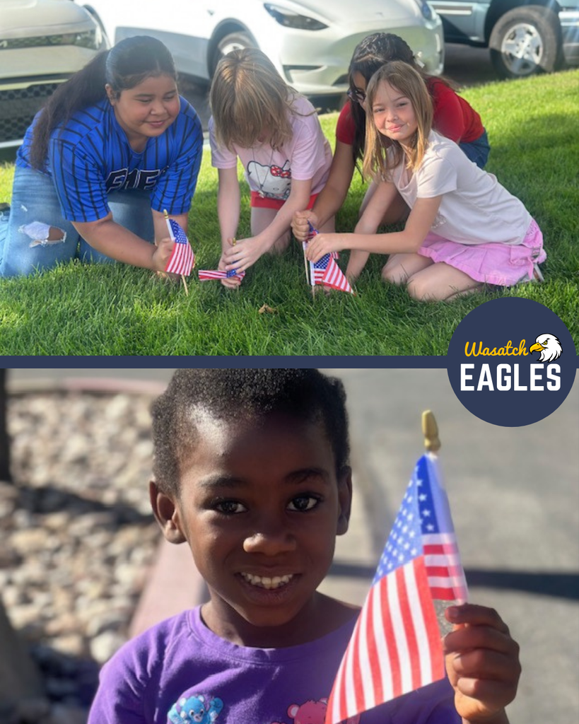 A photo collage from Wasatch Elementary's 9/11 remembrance activity. In the top image, four students kneel on a grassy area outside the school, placing small American flags into the ground. Parked vehicles and green grass are visible in the background. In the bottom image, a student holds a small American flag while standing outdoors in bright sunlight. The collage includes the Wasatch Eagles logo on the right side.