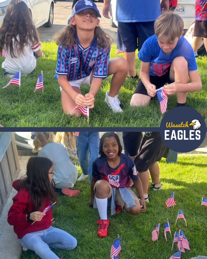 A photo collage from Wasatch Elementary's 9/11 remembrance activity. In the top image, several students kneel in the grass planting small American flags while other students and parked vehicles are visible in the background. In the bottom image, students place additional American flags in the lawn, creating a growing display of flags for the tribute. The collage includes the Wasatch Eagles logo on the right side and is photographed outdoors in bright daylight.