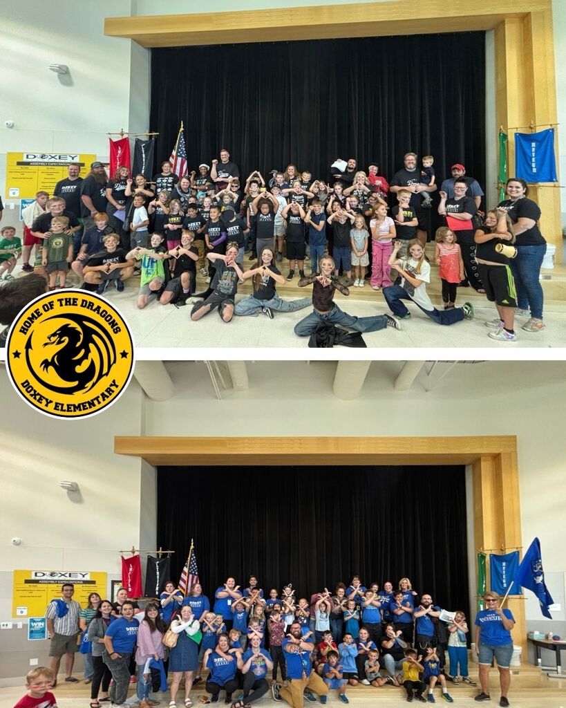 A two-panel vertical collage showing Doxey Elementary students, parents, and staff gathered on a school stage in front of black curtains and house flags, posing with hand signs; a round "Home of the Dragons Doxey Elementary" logo is placed on the left side between the top and bottom panels.
