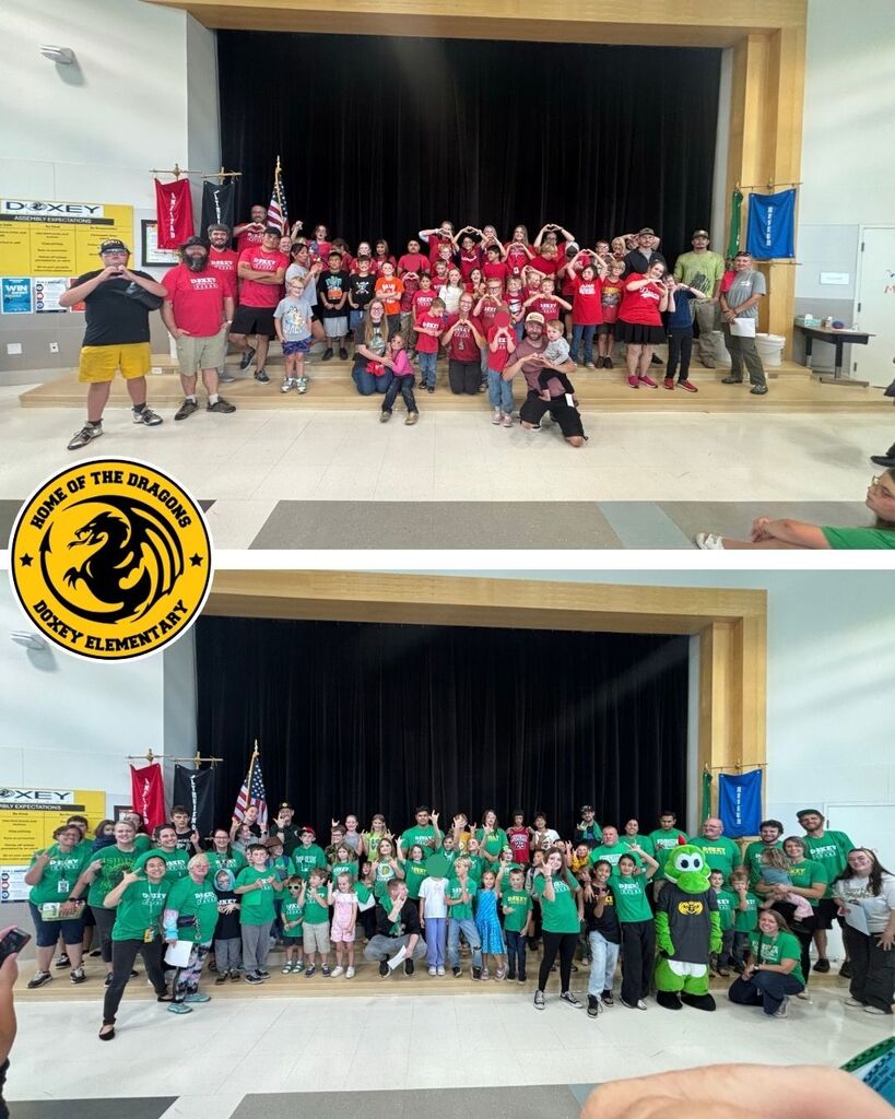 A two-panel vertical collage featuring Doxey Elementary community members grouped by house colors on a school stage, with the top panel showing a red-shirted house and the bottom panel showing a green-shirted house that includes a mascot costume; a round school dragon logo is featured on the left side between the panels.