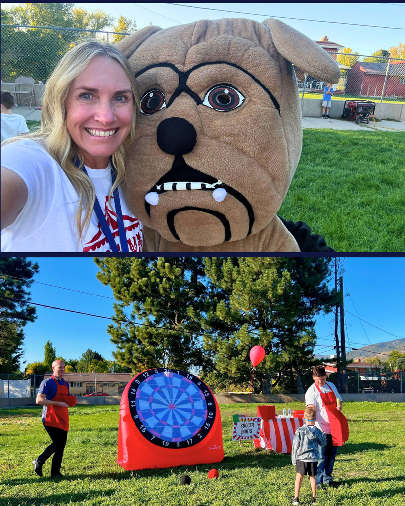 principal poses with bulldog mascot, kids enjoy carnival games