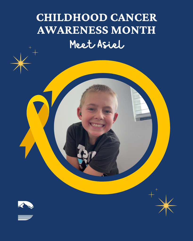 Childhood Cancer Awareness Month graphic with a yellow ribbon and students in a circle with the DSD logo. 