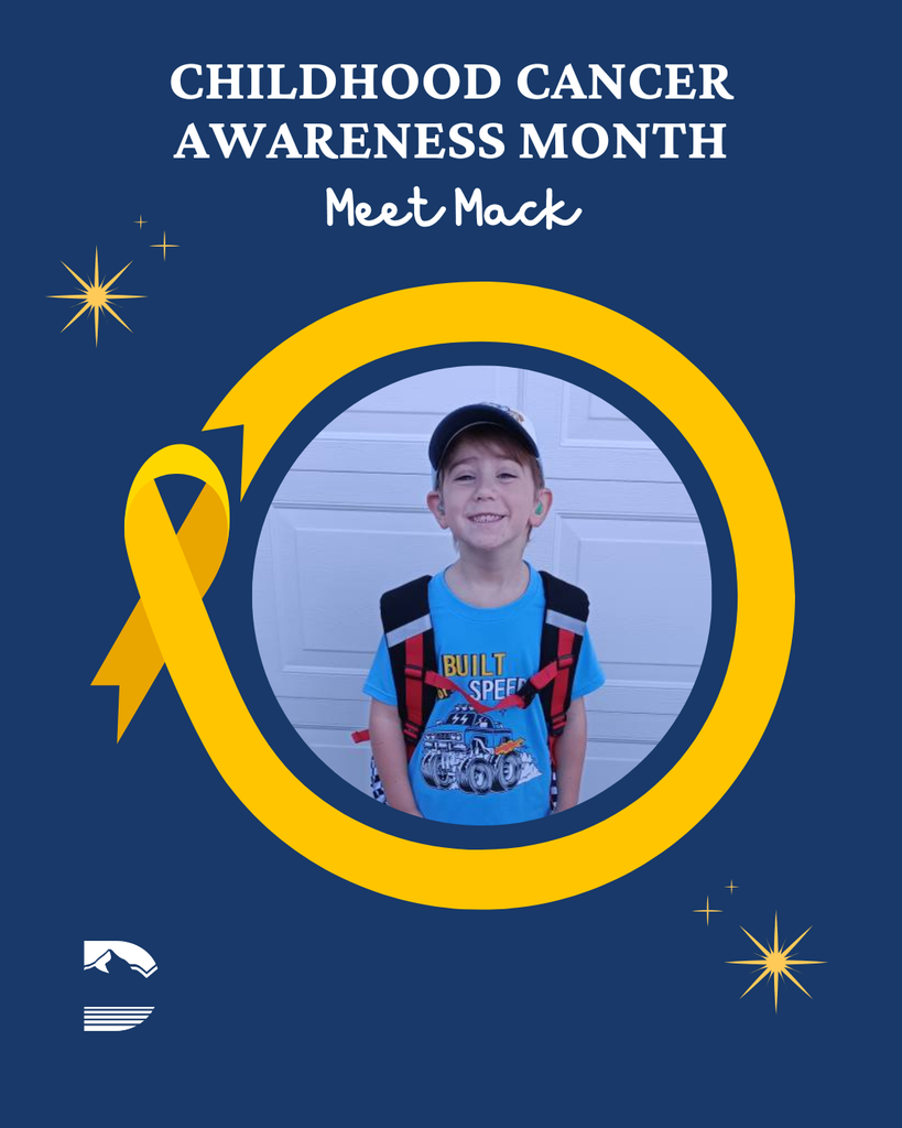 Childhood Cancer Awareness Month graphic with a yellow ribbon and students in a circle with the DSD logo. 