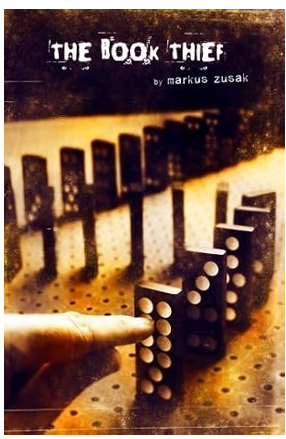 The Book Thief by Markus Zusak  Book Cover showing hand pushing over dominoes