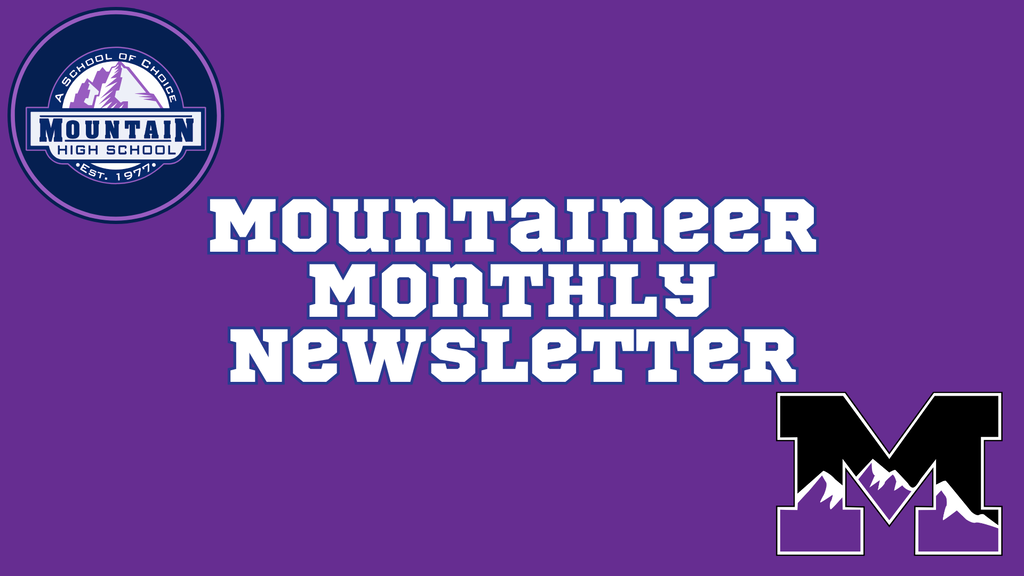 Mountaineer Monthly Newsletter with two logos and M with mountains and the official mountain high logo