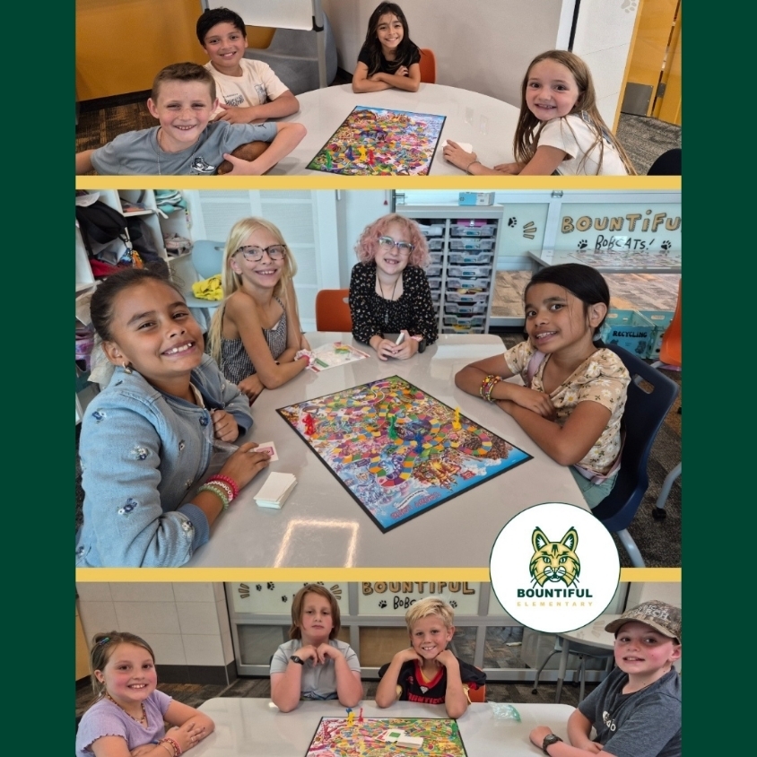 Groups of fourth grade Bobcats at Bountiful Elementary play Candyland together as part of a reading and writing celebration connected to Small Steps.