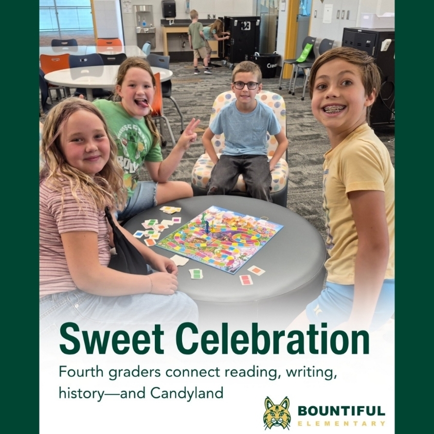 Bountiful Elementary fourth graders gather around a Candyland game during their Personal Narratives unit celebration.