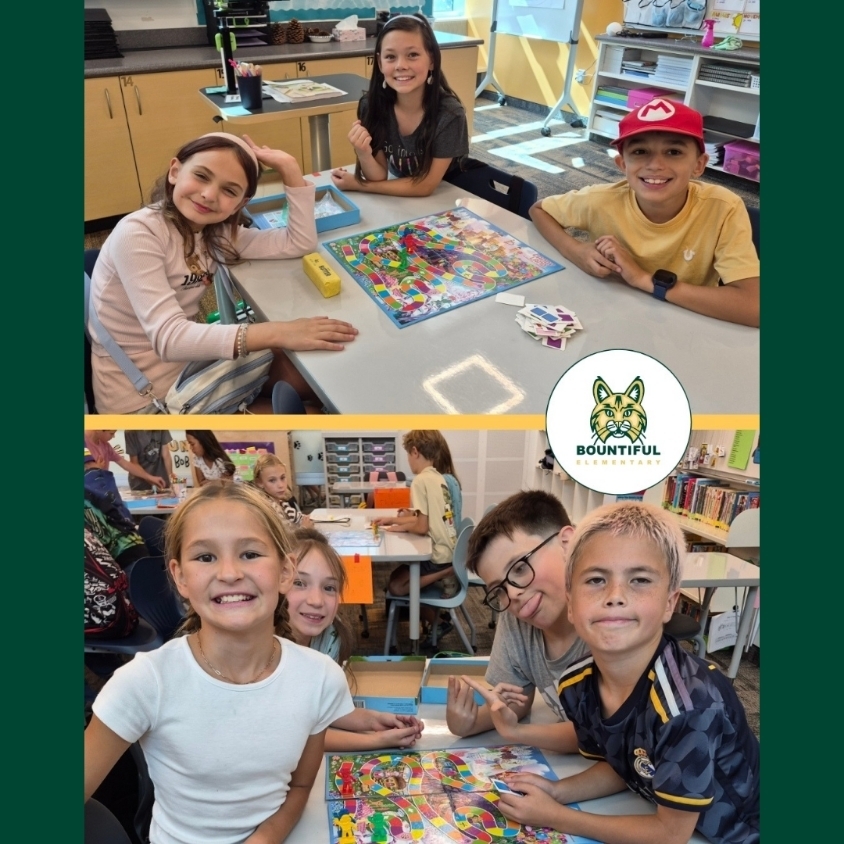 Bountiful Elementary fourth graders smile around Candyland game boards while celebrating the completion of their Personal Narratives unit.