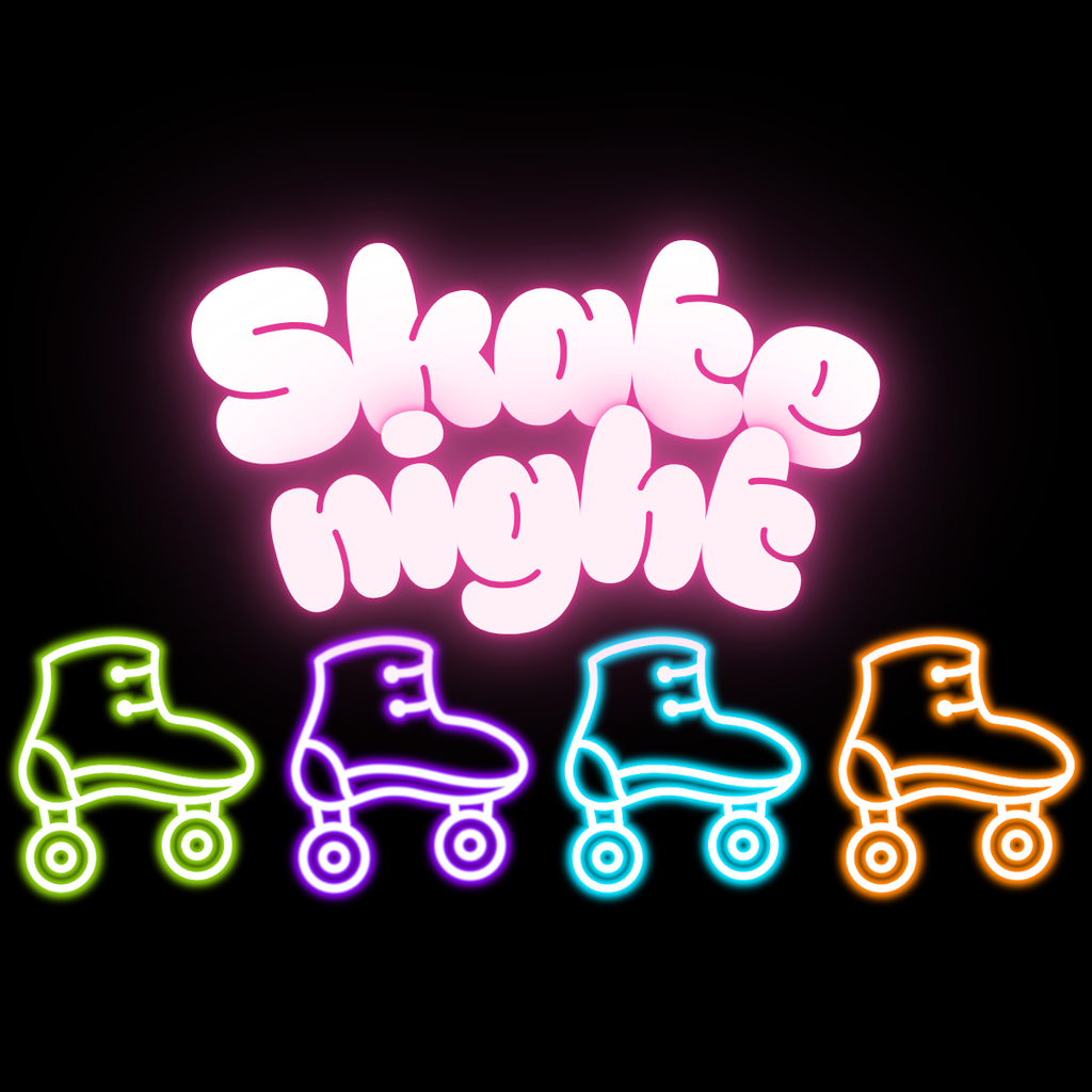 Neon roller skates with text that reads "Skate Night"