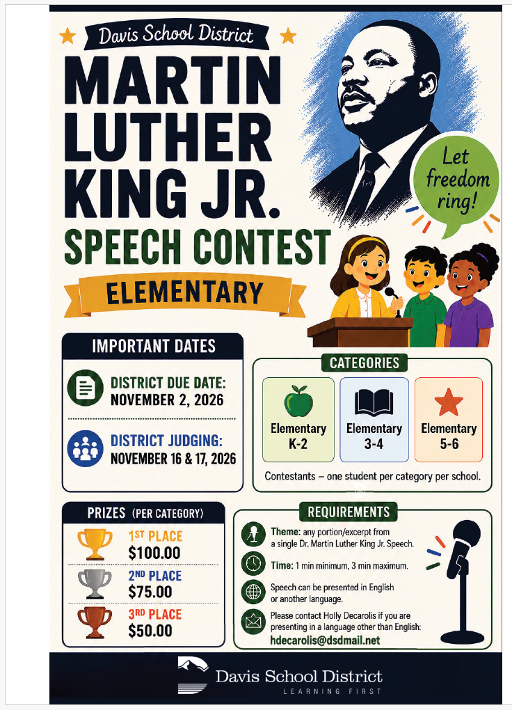 Davis School District Martin Luther King Jr. Speech Contest flyer for elementary students. Categories are grades K–2, 3–4, and 5–6, with one student per category from each school. District entries are due November 2, 2026, with judging November 16–17. Prizes per category are $100 for first place, $75 for second, and $50 for third. Speeches must use any portion or excerpt from a single Dr. Martin Luther King Jr. speech and be 1–3 minutes long. Speeches may be presented in English or another language.