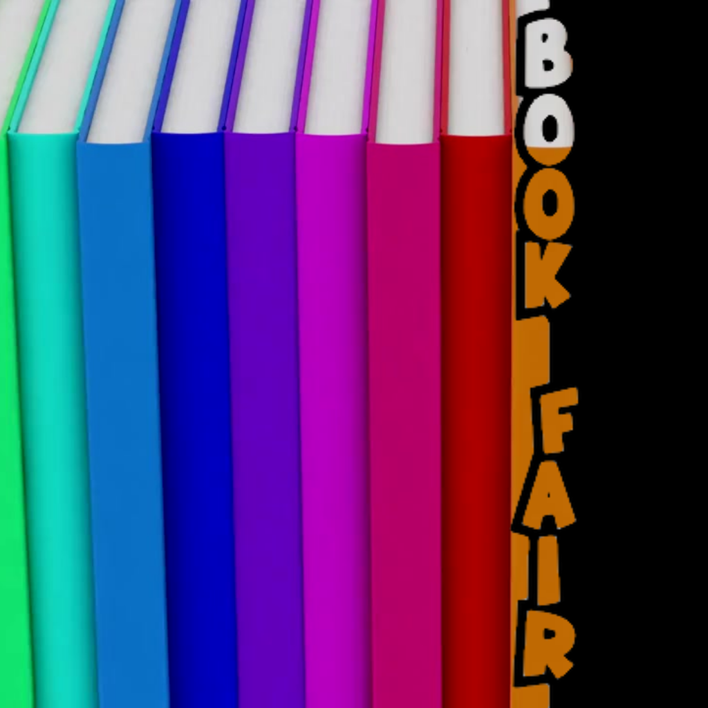 Books with text that reads "Book Fair"