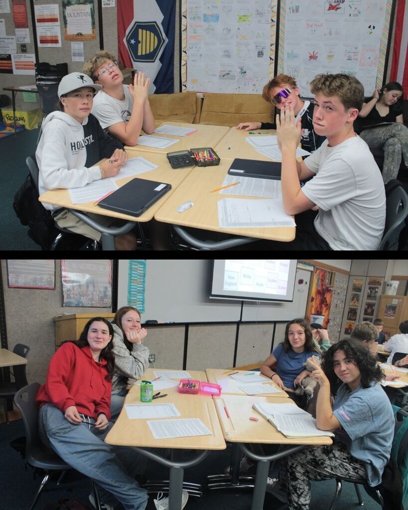 Groups of students sitting at tables in class