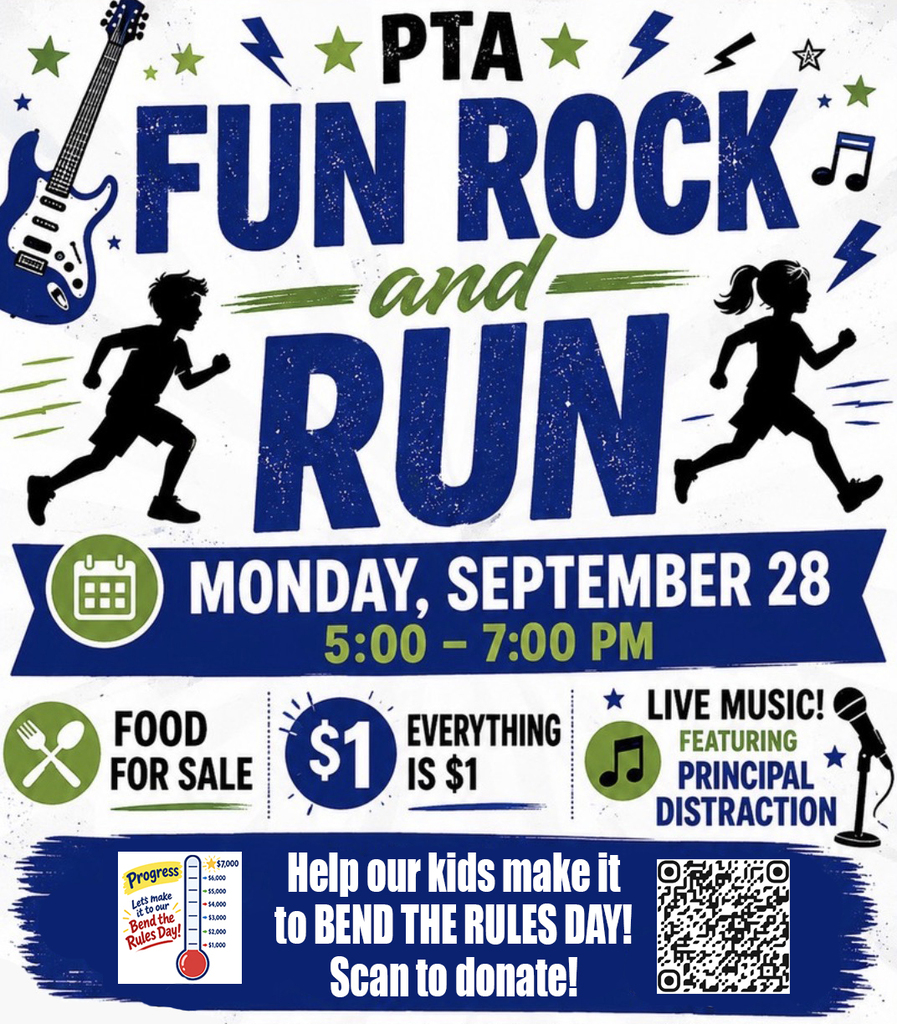 PTA Rock 'N Run - Monday, September 28th from 5-7OM. Food for sale! Everything is $1. Live Music! Help our kids make it to BEND THE RULES DAY! Scan the QR code to donate or donate here: https://www.givebacks.com/causes/lincolnlynx/shop/items/83cb08237670b9