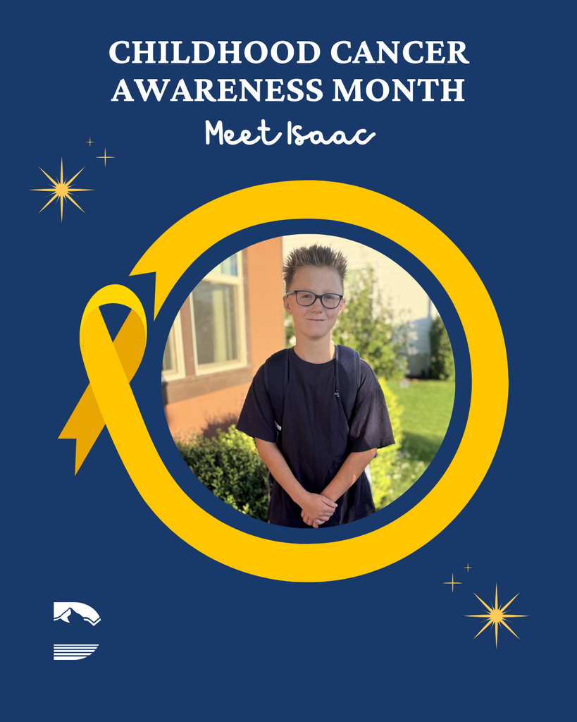 Childhood Cancer Awareness Month graphic with a yellow ribbon and students in a circle with the DSD logo. 