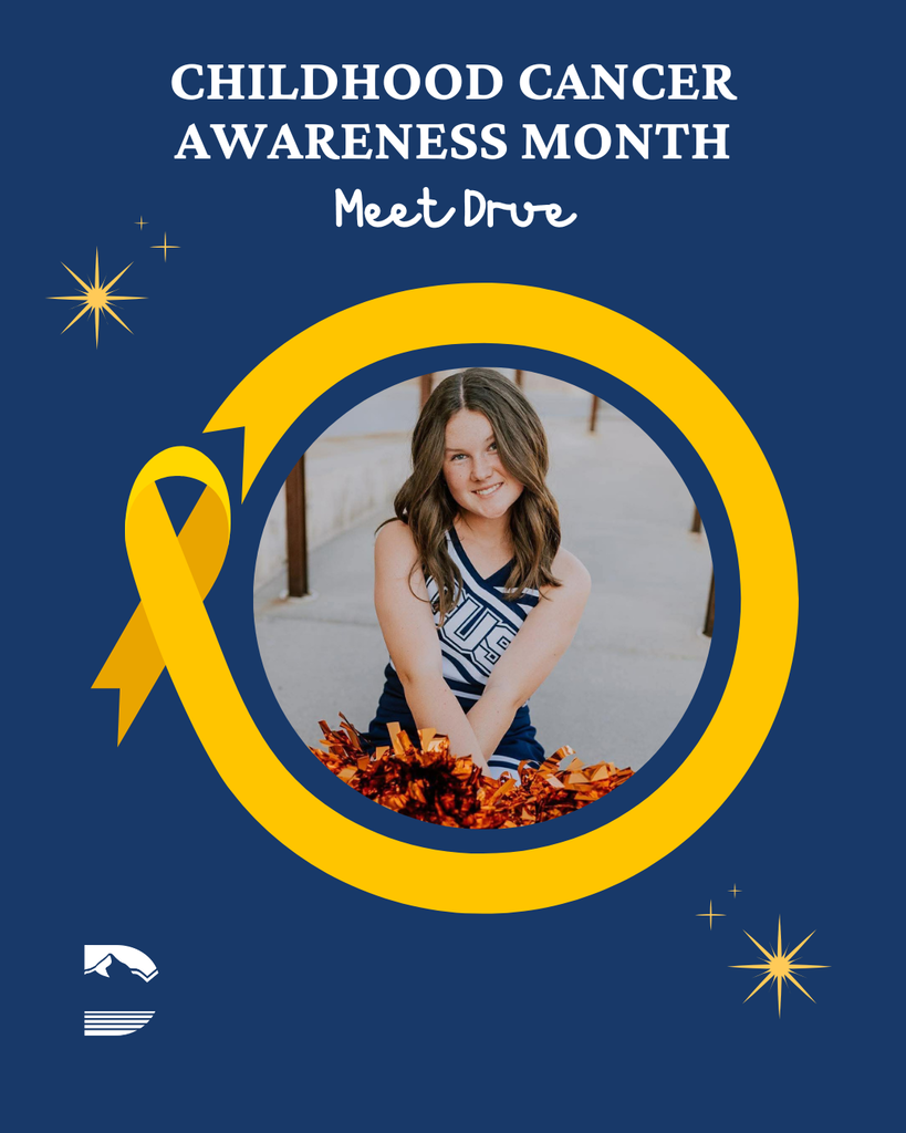Childhood Cancer Awareness Month graphic with a yellow ribbon and students in a circle with the DSD logo. 
