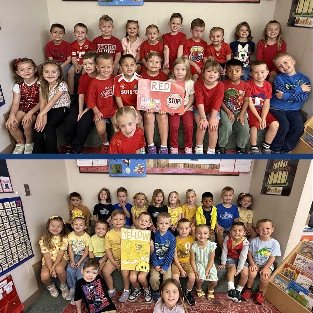 Kindergarteners celebrate color days by wearing different colors each day.