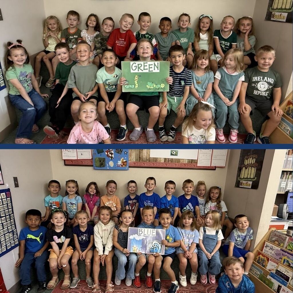 Kindergarteners celebrate color days by wearing different colors each day.