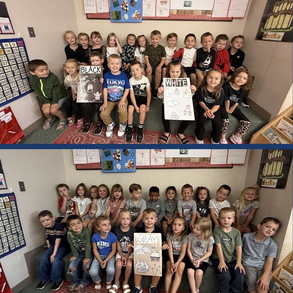 Kindergarteners celebrate color days by wearing different colors each day.