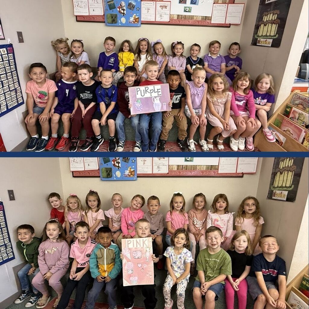 Kindergarteners celebrate color days by wearing different colors each day.