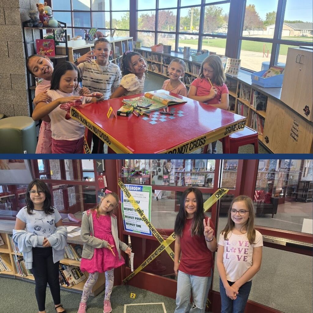 Students investigate a broken book surrounded by Crime Scene yellow tape.